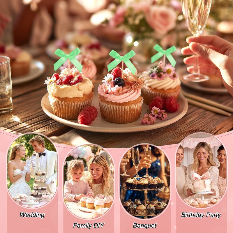 60Pcs Bow Cupcake Toppers Ribbon Bow Cake Toppers for Cupcake Decor[Fruit Green] gallery