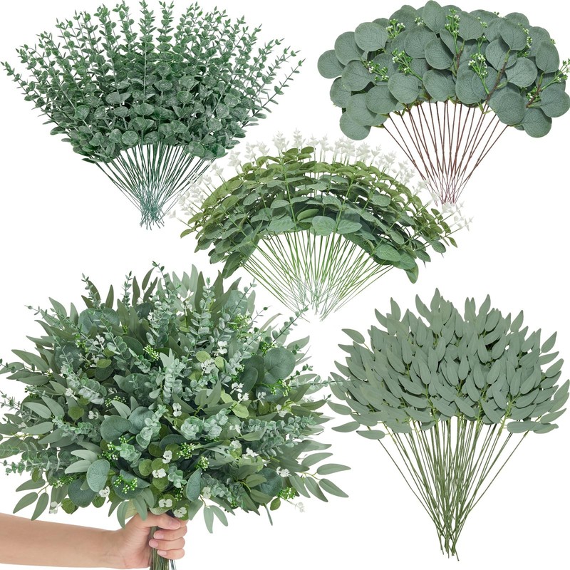 Alecono 200Pcs Mixed Eucalyptus Leaves Stems Bulk 4 Kinds Artificial Greenery