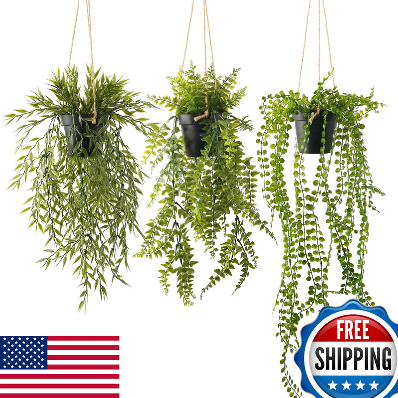 PENGYEE 3-Pack 28″ Fake Hanging Plants with Black Pots Artificial Indoor/Outdoor