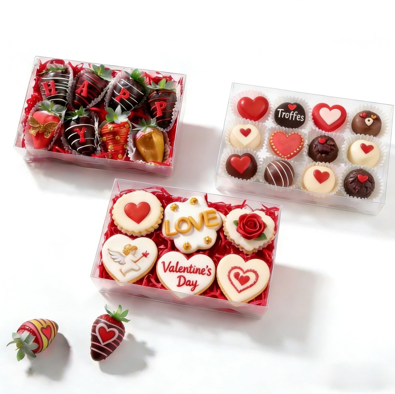 25 PCS 10x7x2 Inch Clear Cookie Boxes Strawberry Bakery Macaron Gift Treat Box