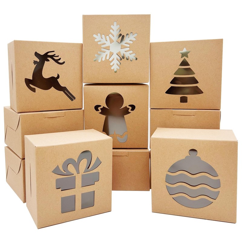 24 PCS Christmas Cookie Boxes Brown Bakery Treat Boxes with Window, Christmas…