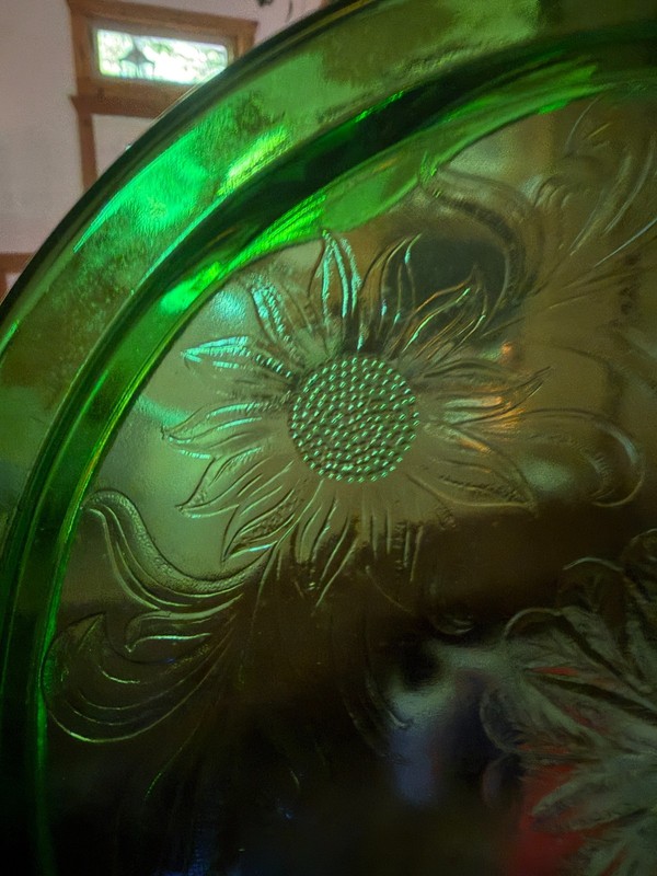 Uranium Green Glass Cake Stand, Sunflower Pattern, 1940's Depression Glass gallery