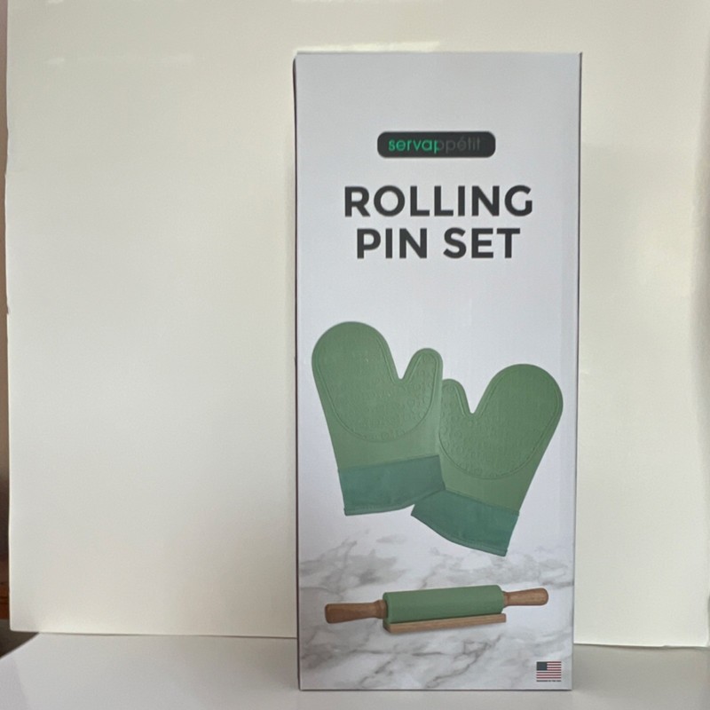servappétit Wood & Silicone Rolling Pin Set With Handle, Green Mitts, 3 Pack
