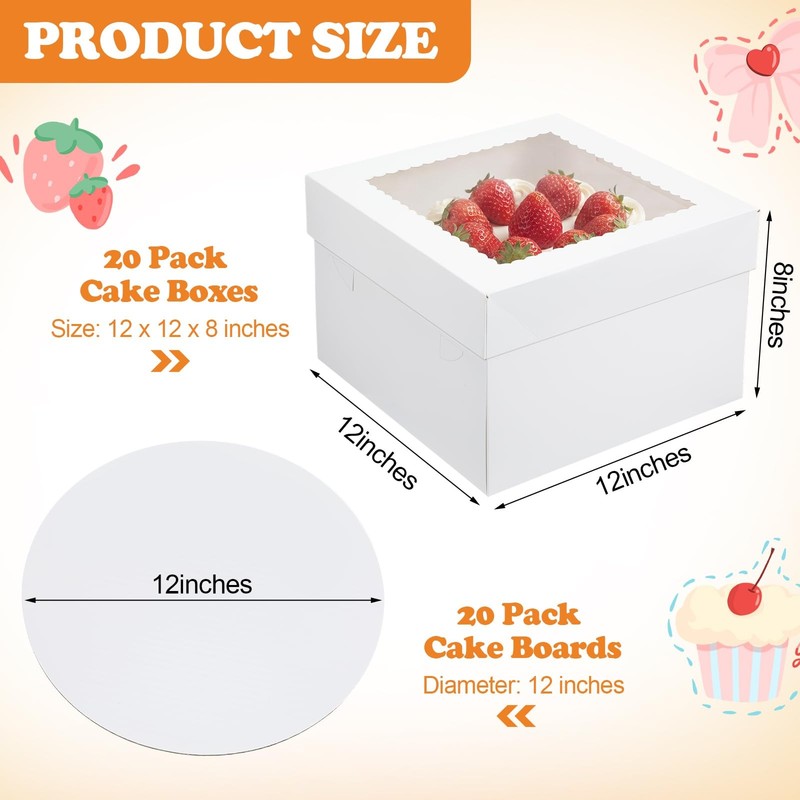 40 PCS 12x12x8 Inch White Cake Boxes With Boards Clear Window Bakery Pastry gallery