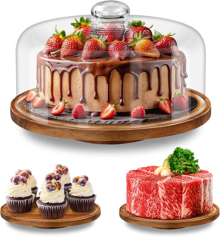 11IN Wood Cake Stand with Dome Lid, Rotating Cake Stand with Glass Dome- Cake Pl gallery