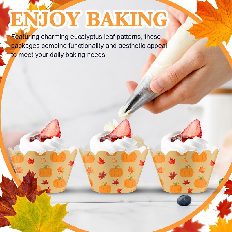 100 Pcs Fall Pumpkin Maple Leaf Cupcake Wrappers Rustic Cupcake Liners Thanks... gallery
