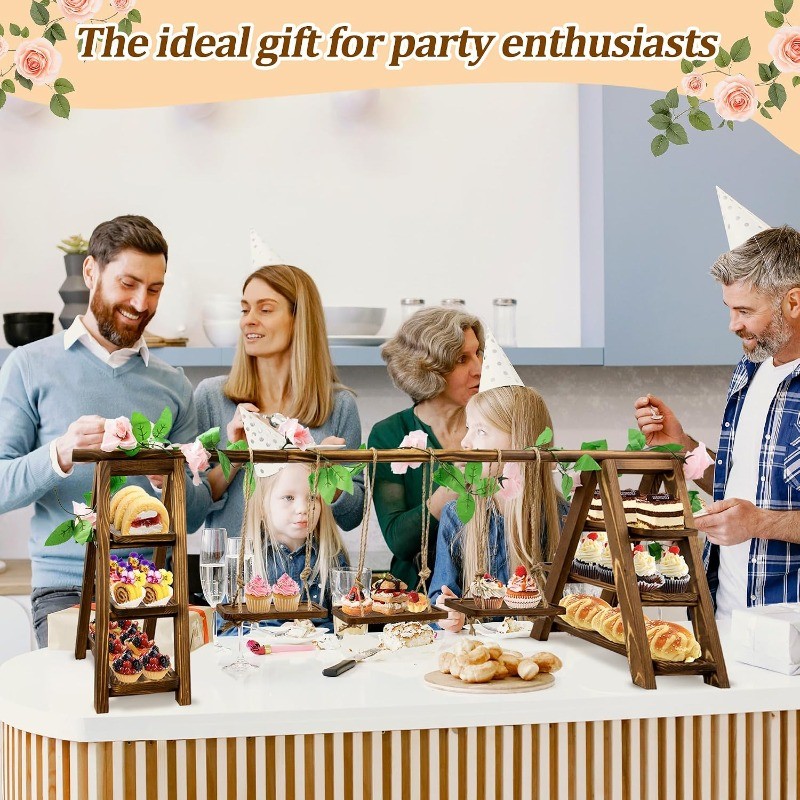 3-Tier Wooden Cake Stand with Removable Trays & Flower Decor - Display Cupcakes gallery