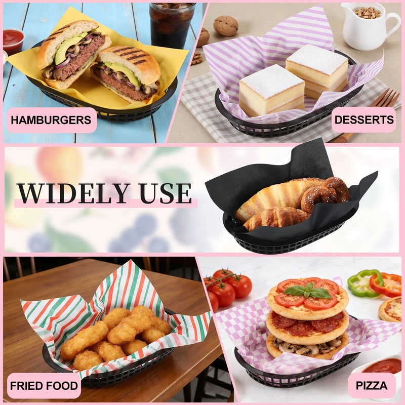 50pcs Solid Color Wax Paper Sheets with 5 Pcs Fast Food Baskets, Black gallery