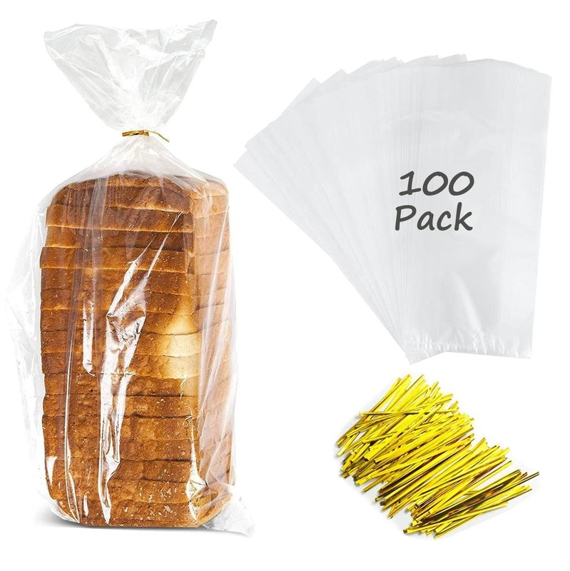 Large Bread Bags with Ties, 8 x 4 x 18″, 100 Pack, Clear, Reusable, Bulk Brea…