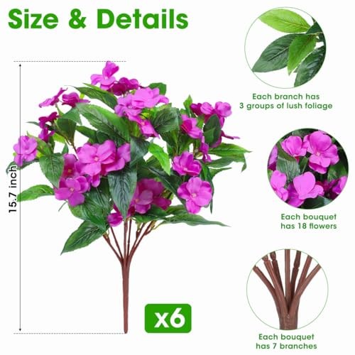 6 Bundles Artificial Impatiens Flowers for Outdoors Decoration, Silk Fuchsia gallery