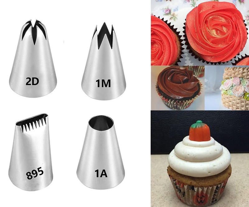 4PCS Large Piping Tips Set 1M Star 2D Flower 1A Round 895 Basketweave Tip
