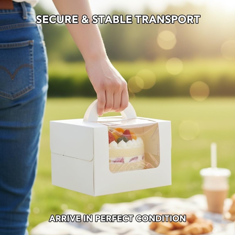 10 PCS White Cake Boxes 8 Inch Bakery Carrier Window Cardboard Handle Dessert gallery