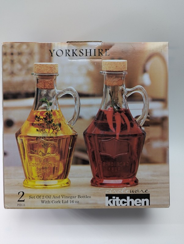 Yorkshire Set of 2 Oil Ans Vinegar Bottles Circleware Kitchen W/Cork lid 16 oz gallery