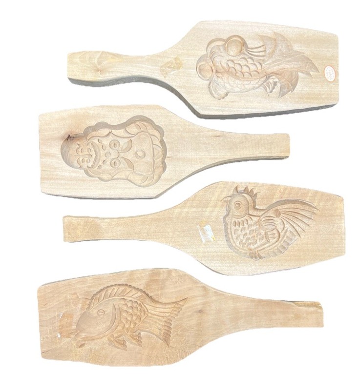 4 Wood Moon Cake Molds Cookie Fish Chicken Owl Carved Chinese Confectionery
