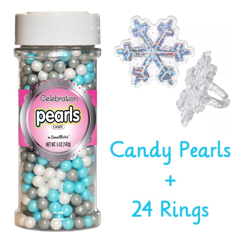24 Holographic Silver Cupcake Rings + 1/4″ Candy Pearls Aqua White Grey Balls