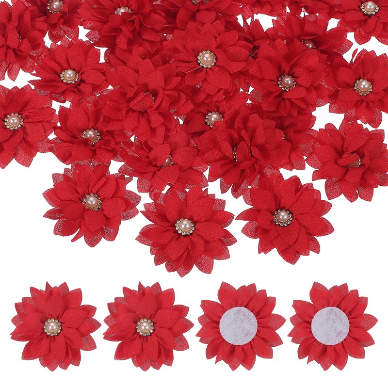 30Pcs 2″ Fabric Flowers Rhinestone Pearls Sewing Fabric Flowers Red