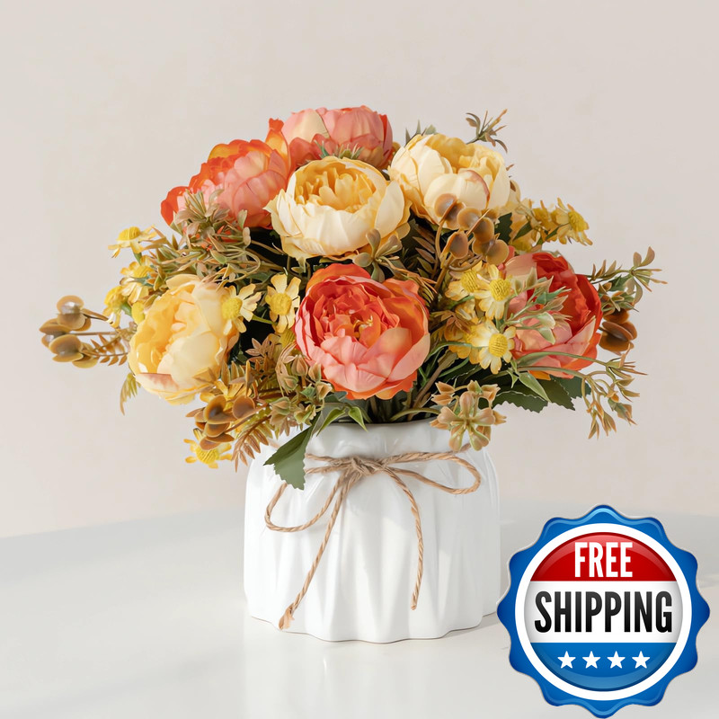 Hbluefat Faux Flowers Vaseartificial Silk Flowers In Ceramic Vasesmall Fake