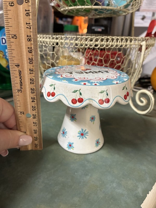 Mini Ceramic Floral Round Cake Stand 3in White Blue, Microwave Safe gallery