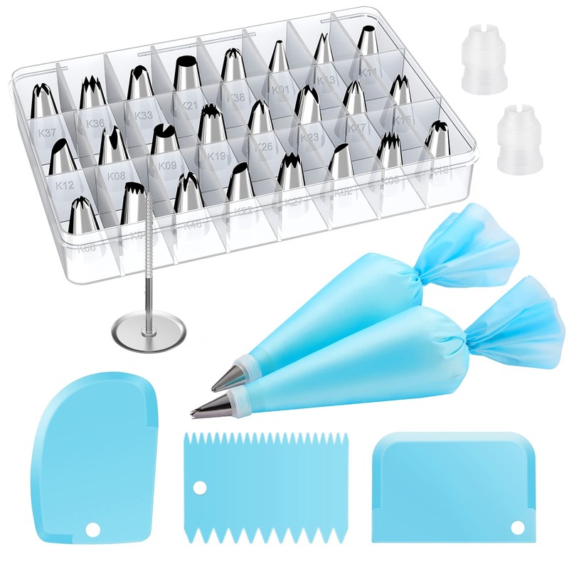 32-Piece Piping Bags and Tips Set with 24 Icing Piping Tips, 2 Reusable Pastry B