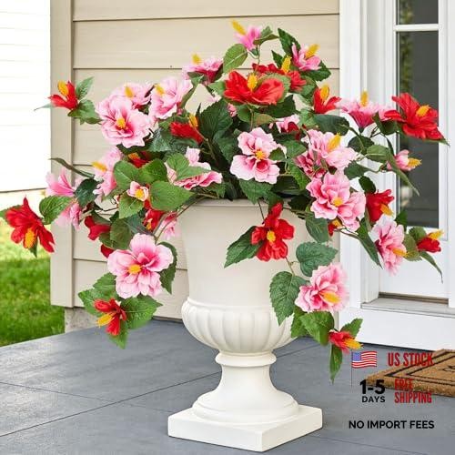 Artificial Flowers for Outdoors Indoors,2 Bunches Fake Hibiscus Red & Pink
