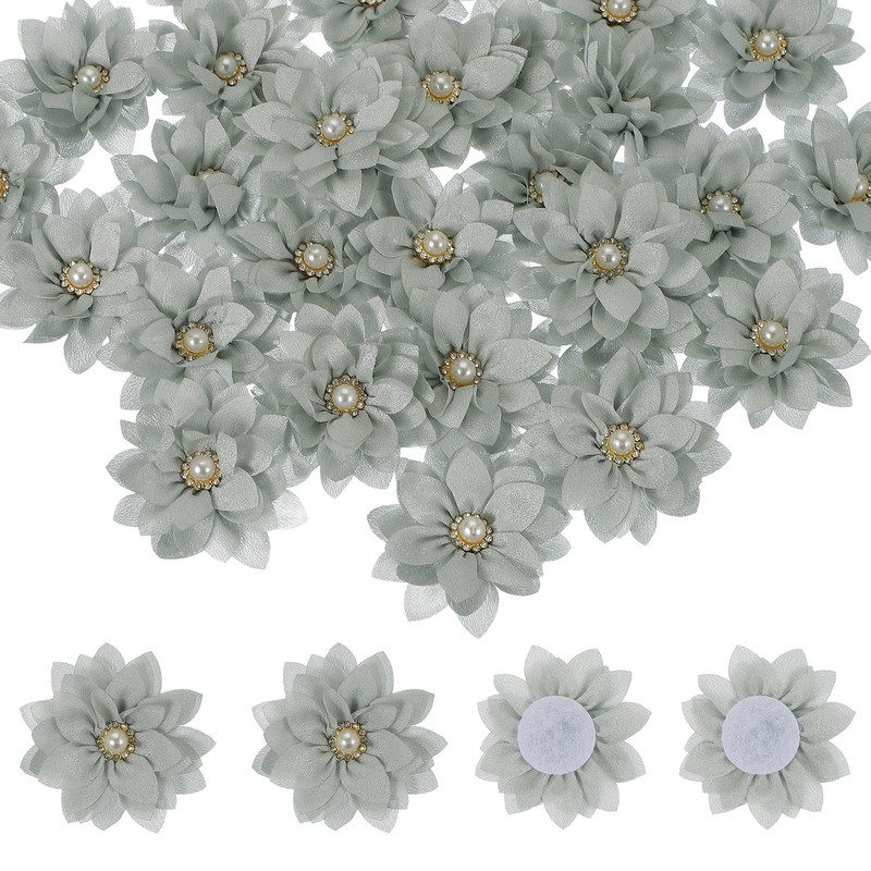 30Pcs 2″ Fabric Flowers Rhinestone Pearls Sewing Fabric Flowers Gray