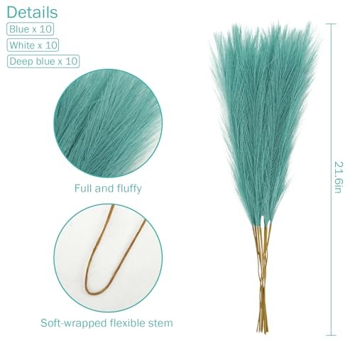 pcs Blue Faux Pampas Grass Decor, 21.6in 30 Teal Blue & White & Deep Blue gallery