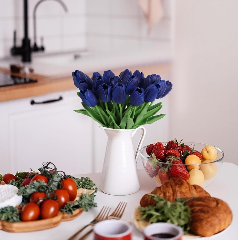Ipopu 24 Pcs Navy Blue Flowers Tulips Artificial Flowers Real Touch Blue Tulips gallery