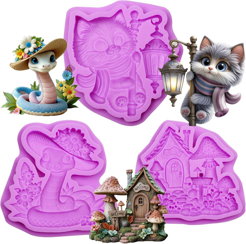 Fairy Garden Silicone Molds Set, Cat Lantern Fondant Molds Mushroom House Snake