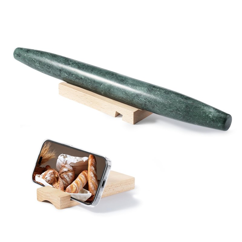French Marble French Rolling Pin with Wooden Resting Base, 15 inch Kitchen Ba...