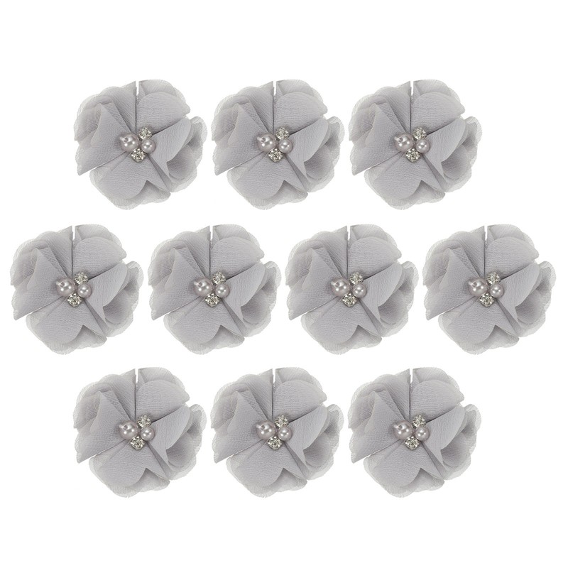 10Pcs 2″ Chiffon Flowers with Rhinestone Pearl Appliques Embellishments Grey