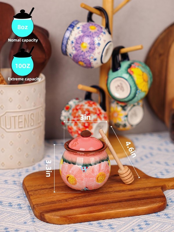 Handmade Ceramic Honey Jar with Lid, 8 oz Floral Design Honey Pot with Dipper... gallery