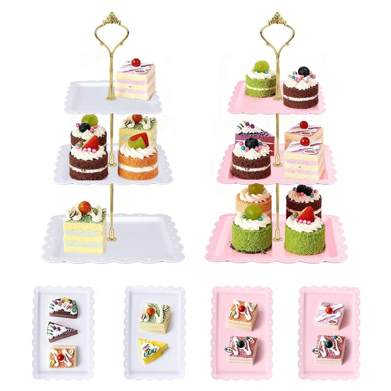 6 Pack 3-Tier Square Cupcake Stand & Dessert Tray Set – 2 Holders + 4 Plates,…
