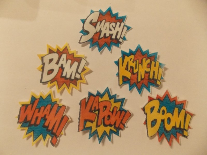 12 PRECUT edible wafer/rice paper superhero speech/words cake/cupcake toppers
