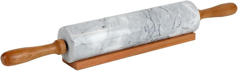 White Marble Stone Rolling Pin with Easy Grip Wood Handles and Wooden Cradle Dis gallery