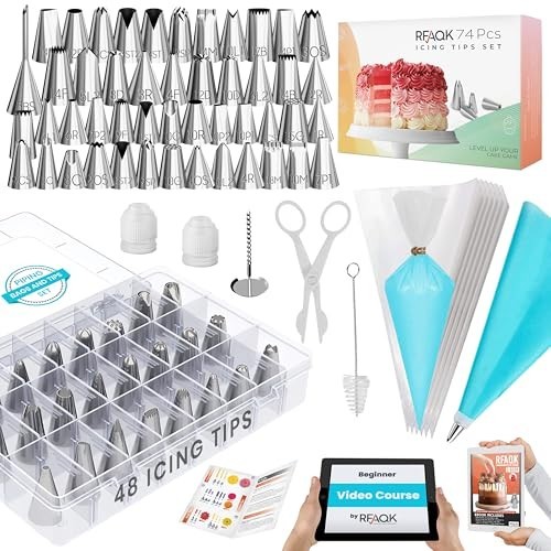 74-Piece Cake Decorating Kit with 48 Piping Tips, Anti-Burst Icing Bags & E-book gallery