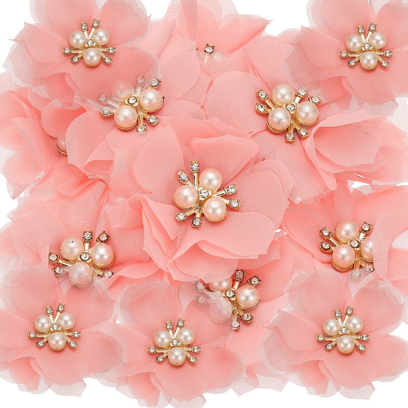 2.36 Inch Rhinestone Chiffon Flower, 15 Pcs Fabric Appliques, Light Pink