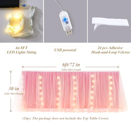 6FT Tulle Table Skirt for Rectangle or Round Tables Tutu L 6(ft)*H 30in Pink gallery
