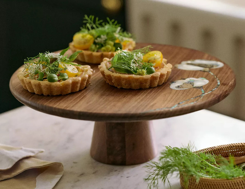 Anthropologie Addie Walnut Cake Stand – Mother of Pearl Inlay