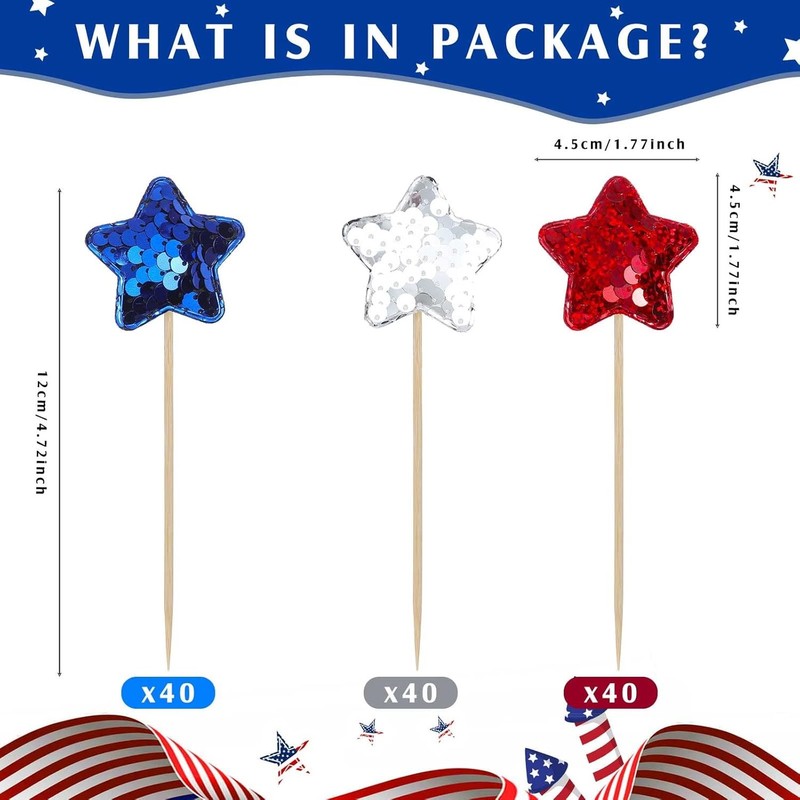 120 Pcs Glitter Star 4th of July Cupcake Toppers Patriotic Cupcake Picks Blue gallery
