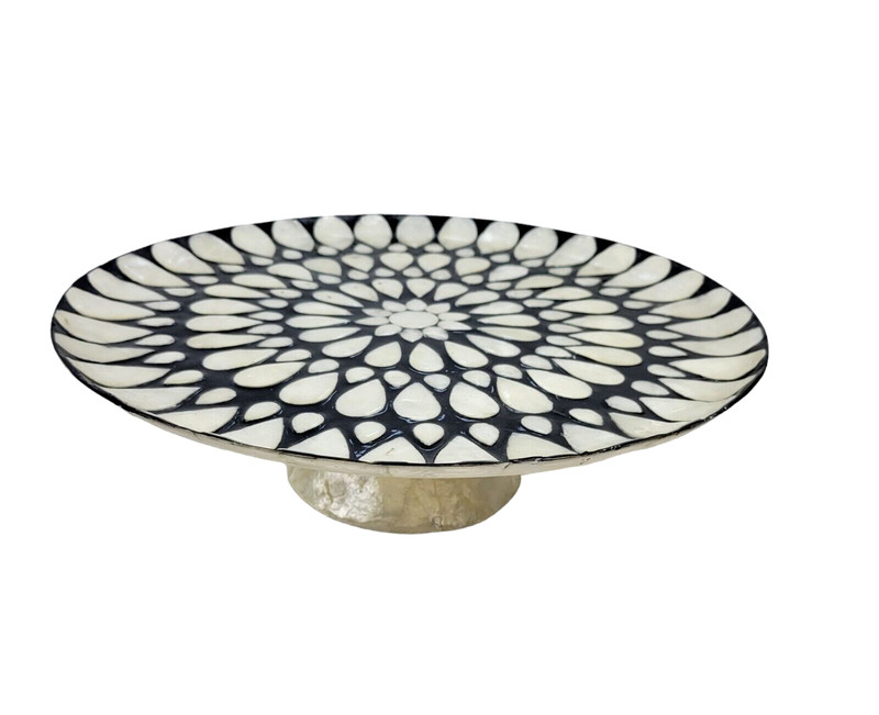 Capiz Shell Pedestal Cake Stand Plate Decorative Flower Inlay Black Ivory 13" gallery