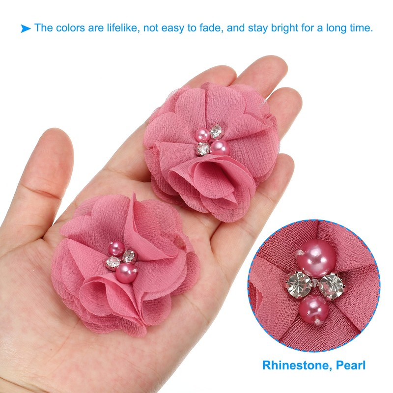 10Pcs 2" Chiffon Flowers with Rhinestone Pearl Appliques Decorate Light Red gallery