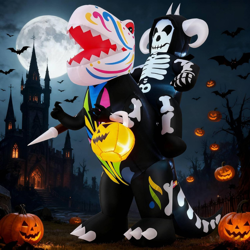 8FT Halloween Inflatable Skeleton Rider on Dinosaur with Pumpkin Lantern Decor