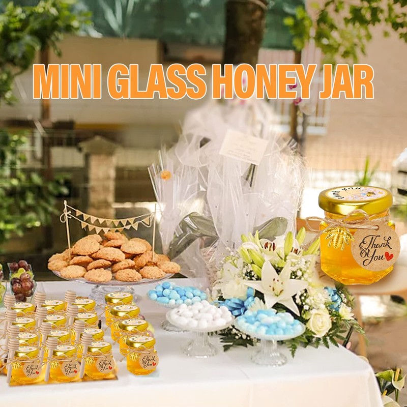Mini Glass Honey jars-1.5 oz,30 pcs Hexagon Honey Jars with Wooden Dipper,Gol... gallery