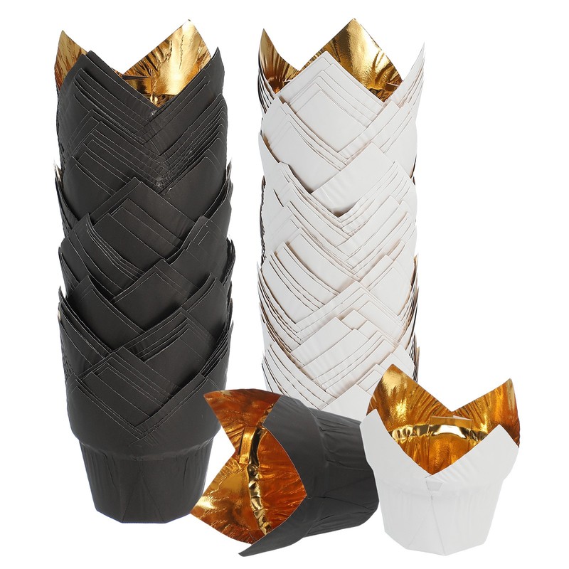 100Pcs Tulip Baking Cups Cupcake Muffins Liners Aluminum Foil(Gold/White&Black)