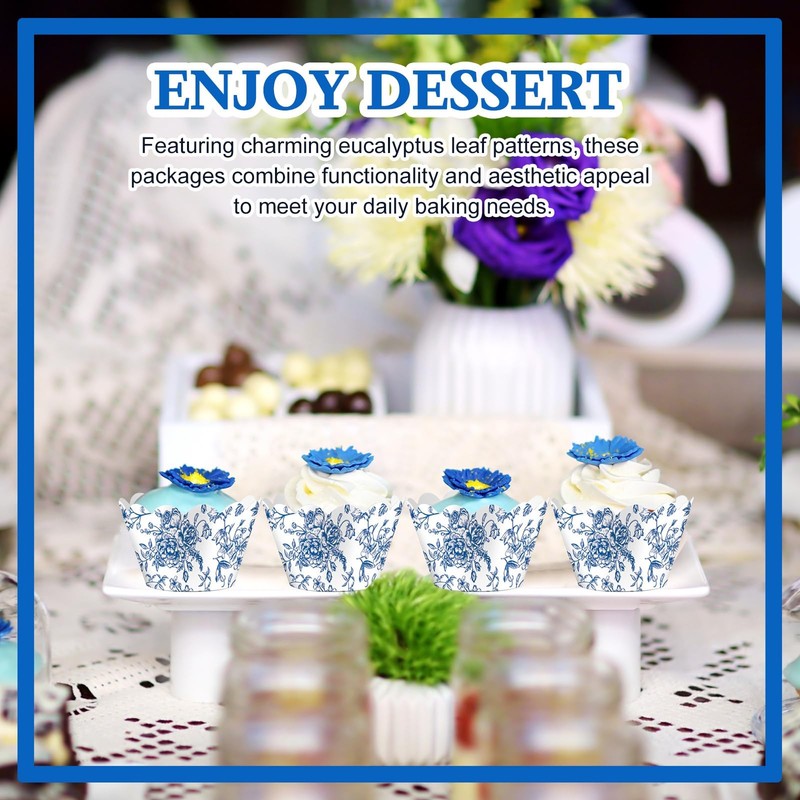 100 PCS Blue Floral Cupcake Wrappers Rustic Cupcake Liners Baking Cups Decor gallery