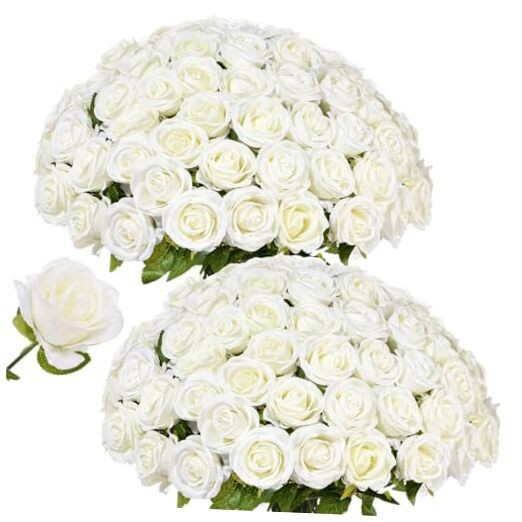 50 PCS White Roses Artificial Flowers, Fake White Roses 50 Pcs Beige