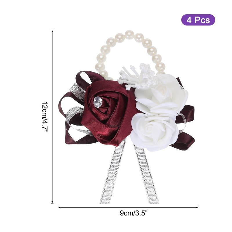 Wrist Corsage Artificial Flower Bracelets Pack of 4 Rose Wrist Wine Red gallery