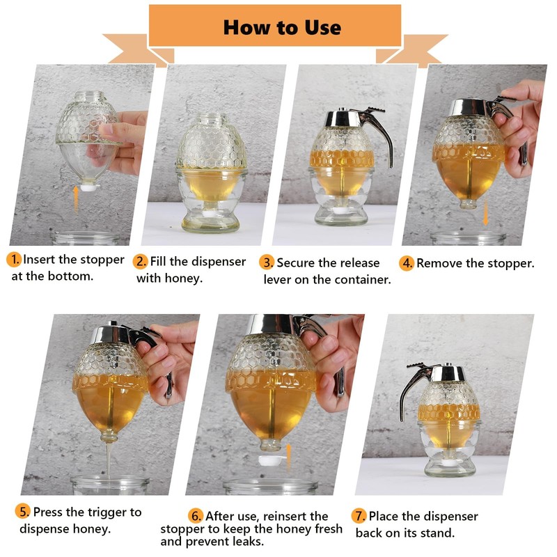 Honey Dispenser No Drip, Glass Honey Container with Stand, 8 oz gallery