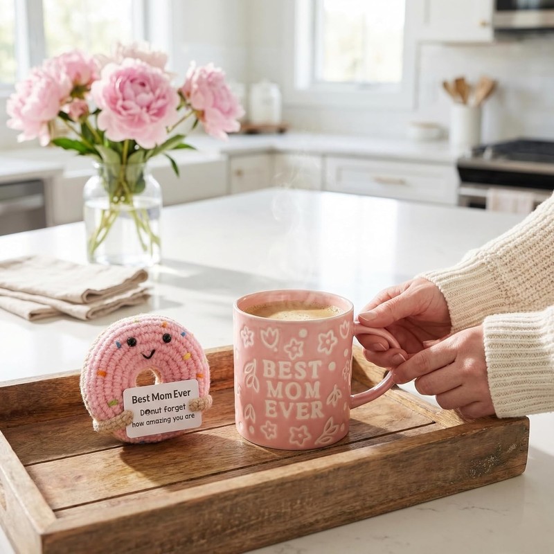 Best Mom Ever Gift Set Mothers Day Mug Pink Floral Donut Crochet Gift for Mom gallery