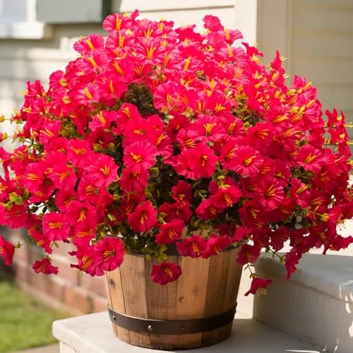 Grunyia Artificial Morning Glory Flowers with Eucalyptus – 16 Bundles Rose Red